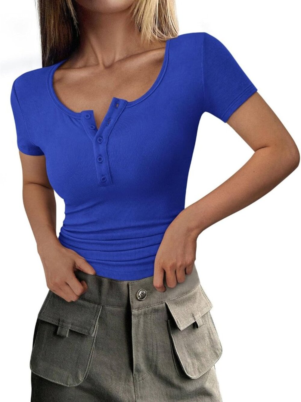 Women's Royal Blue Short Sleeve Ribbed Henley Button Slim Fit Casual T Shirts